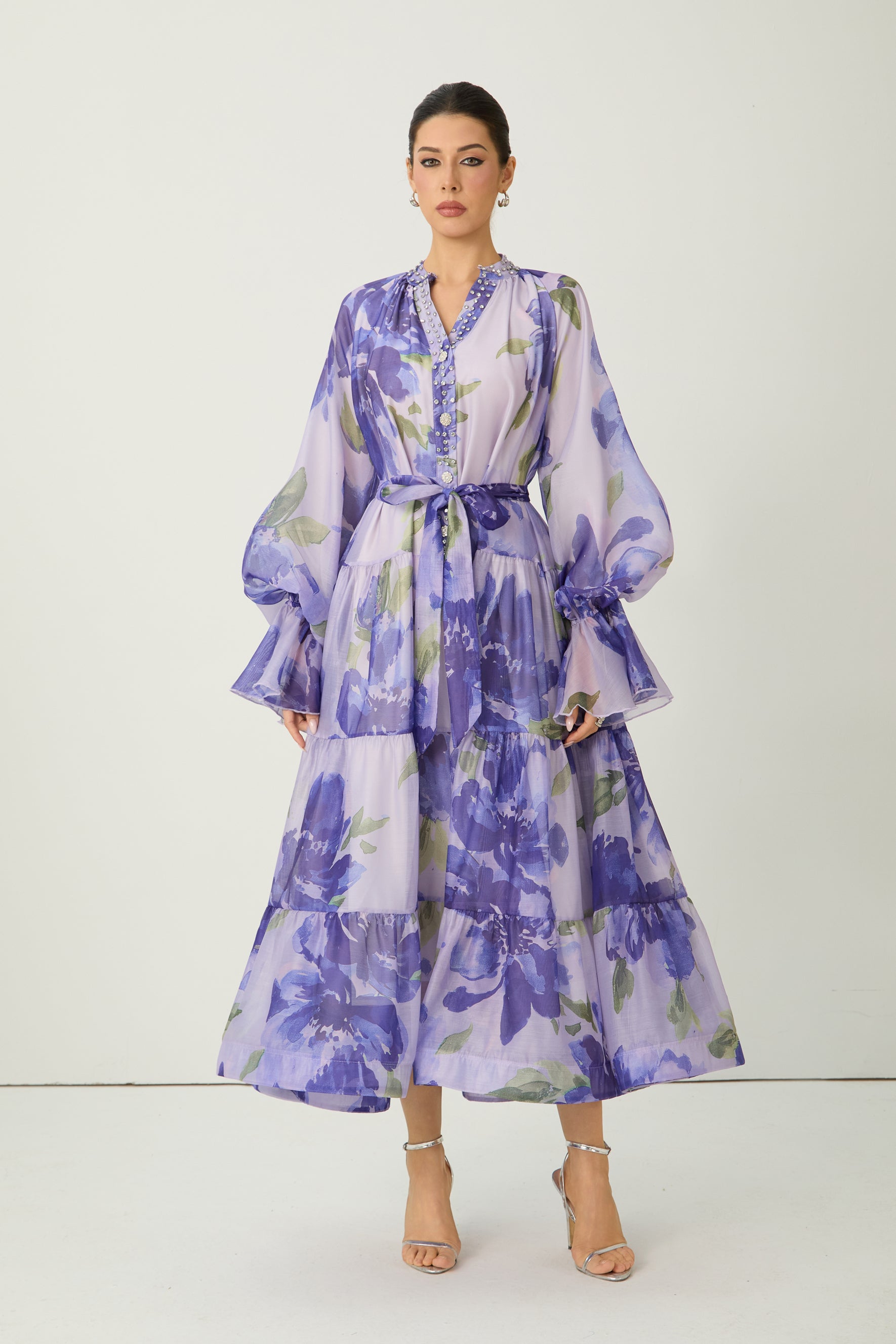 Purple floral print tiered maxi dress - view 2