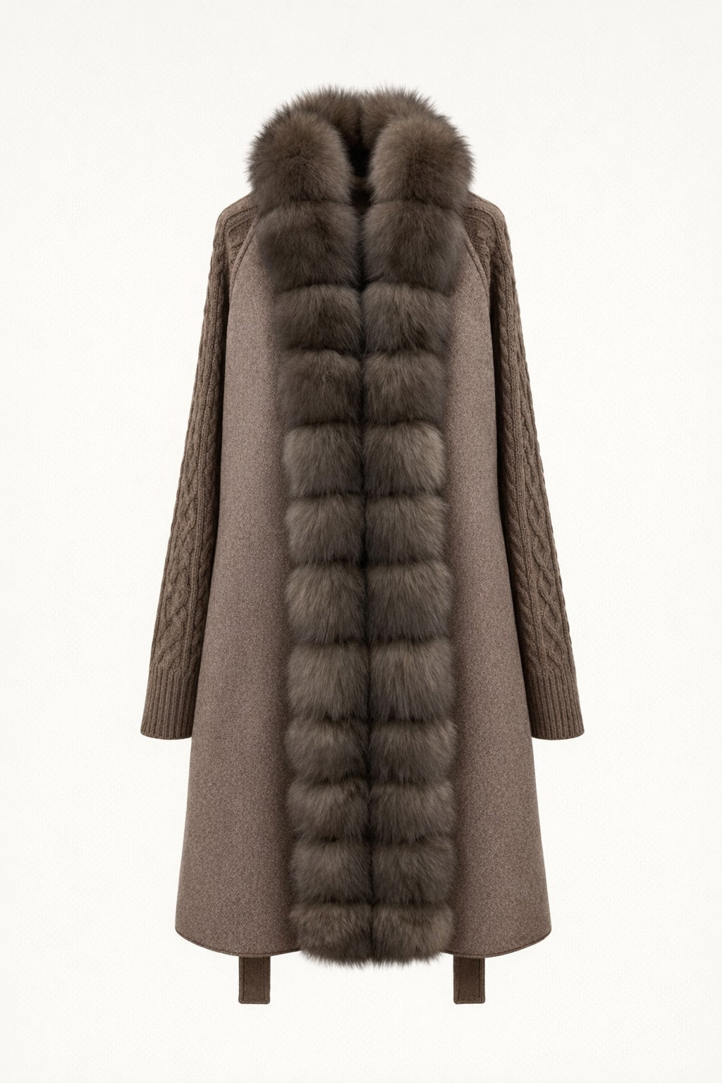 Wool Long Coat With Belted Silhouette And Fox Fur Placket - 1