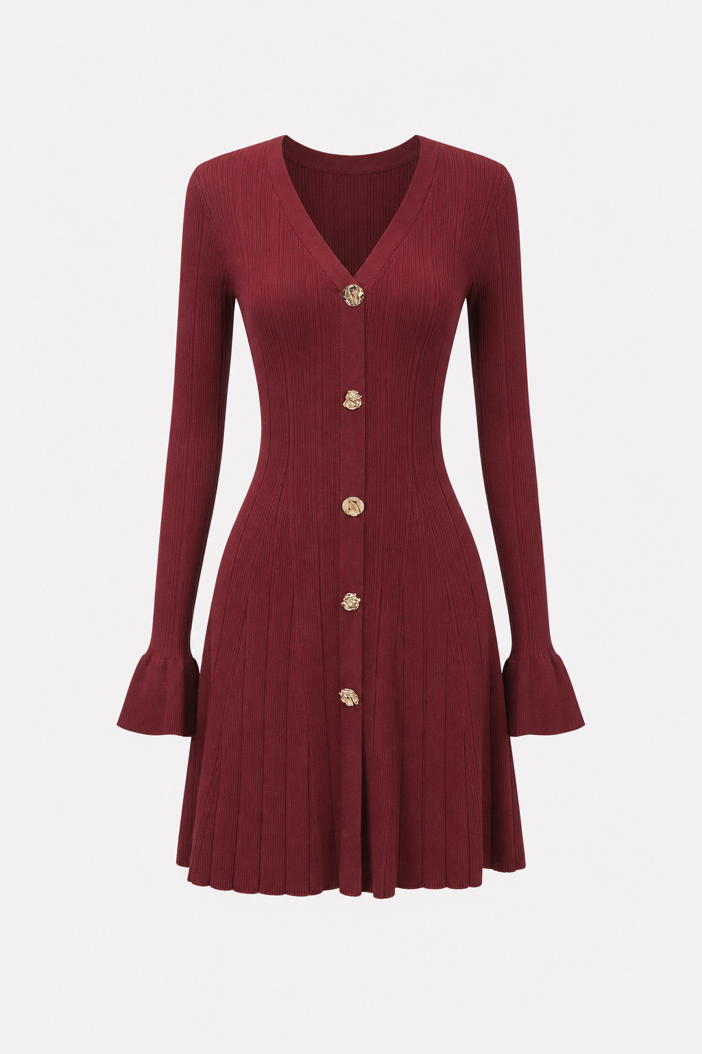 Wine red A-line bell sleeve knit mini dress