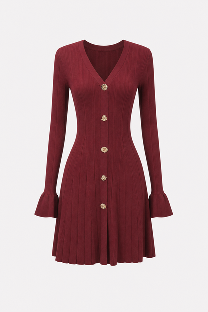 Wine red A-line bell sleeve knit mini dress