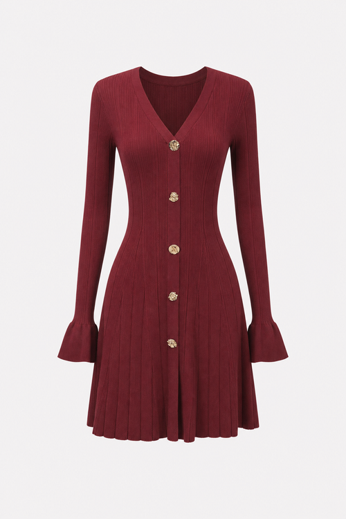 Wine red A-line bell sleeve knit mini dress