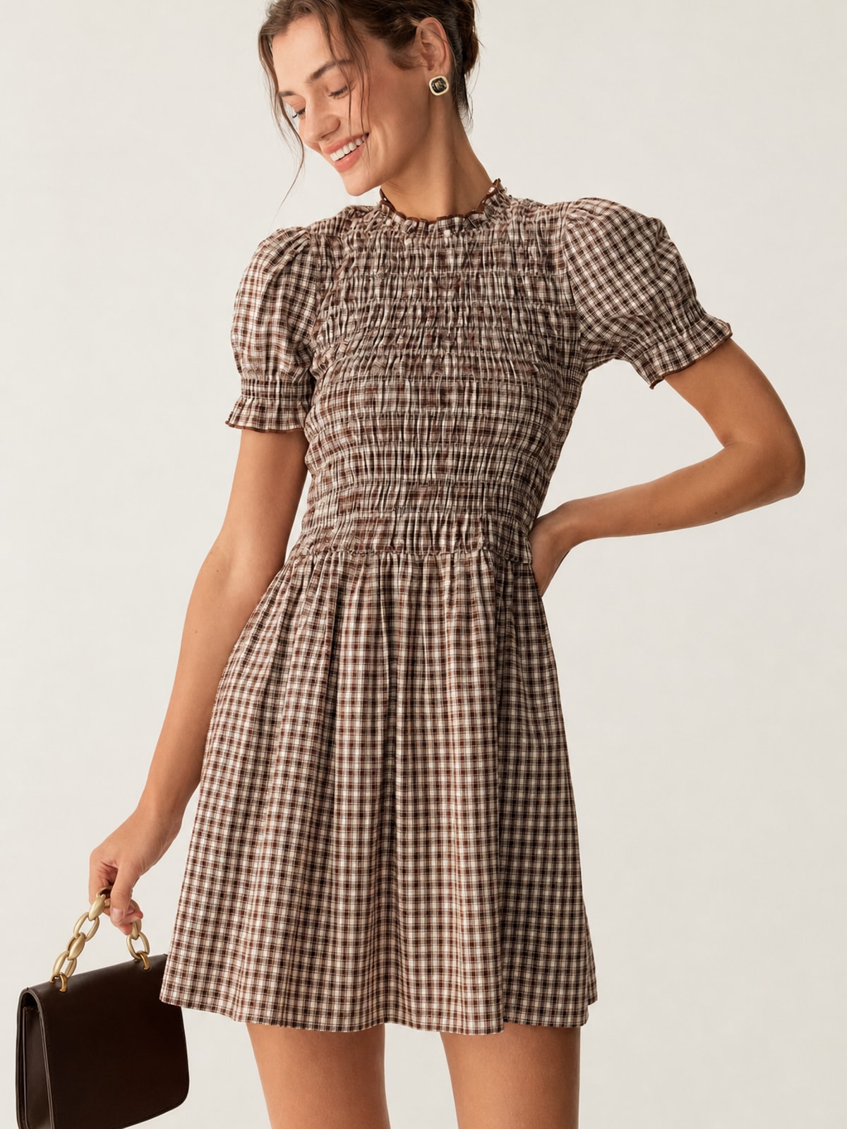Gingham Mini Dress with Puffed Sleeves and A-Line Fit - 2
