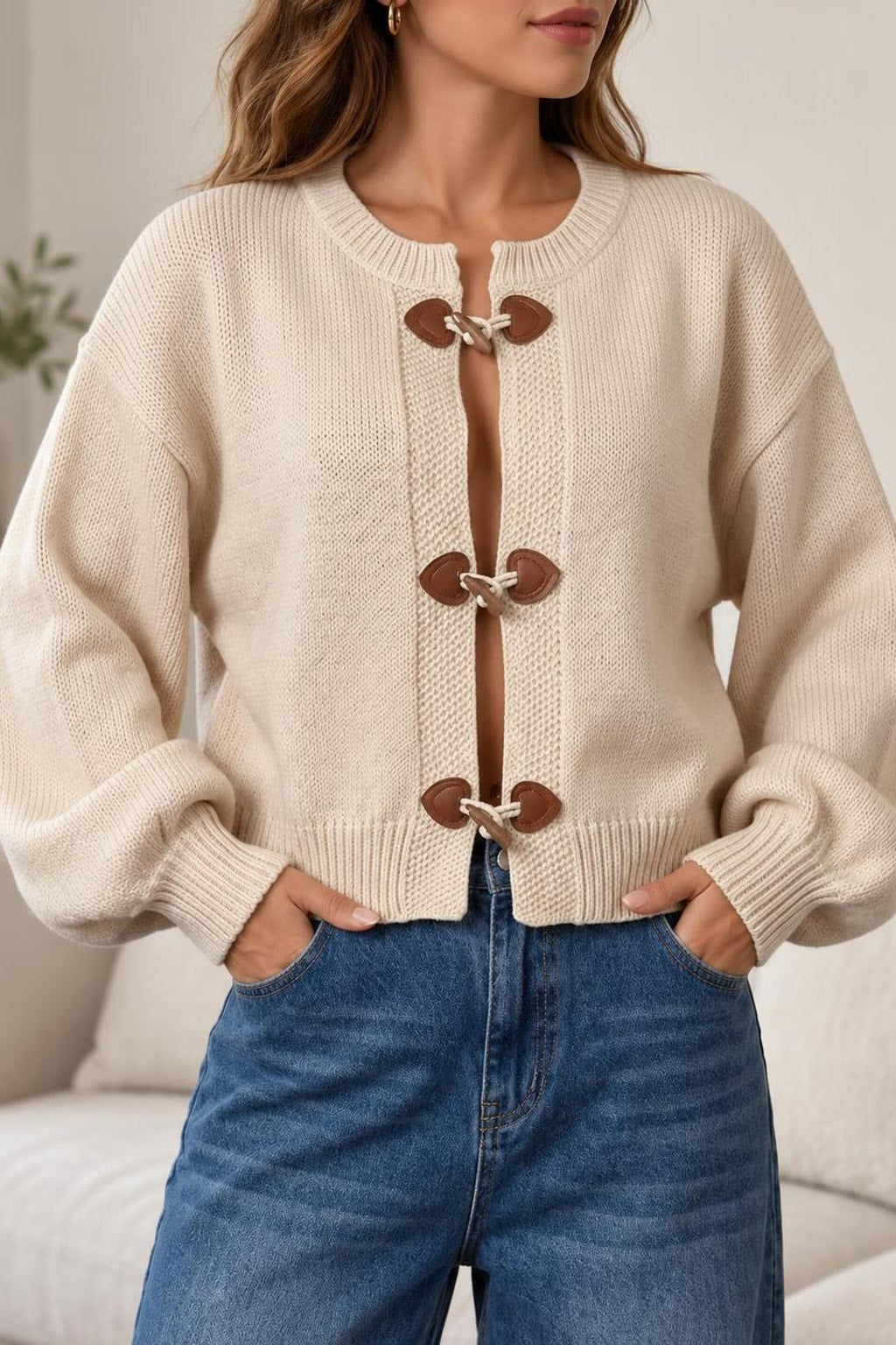 Knit Button-Front Collarless Cardigan - 6