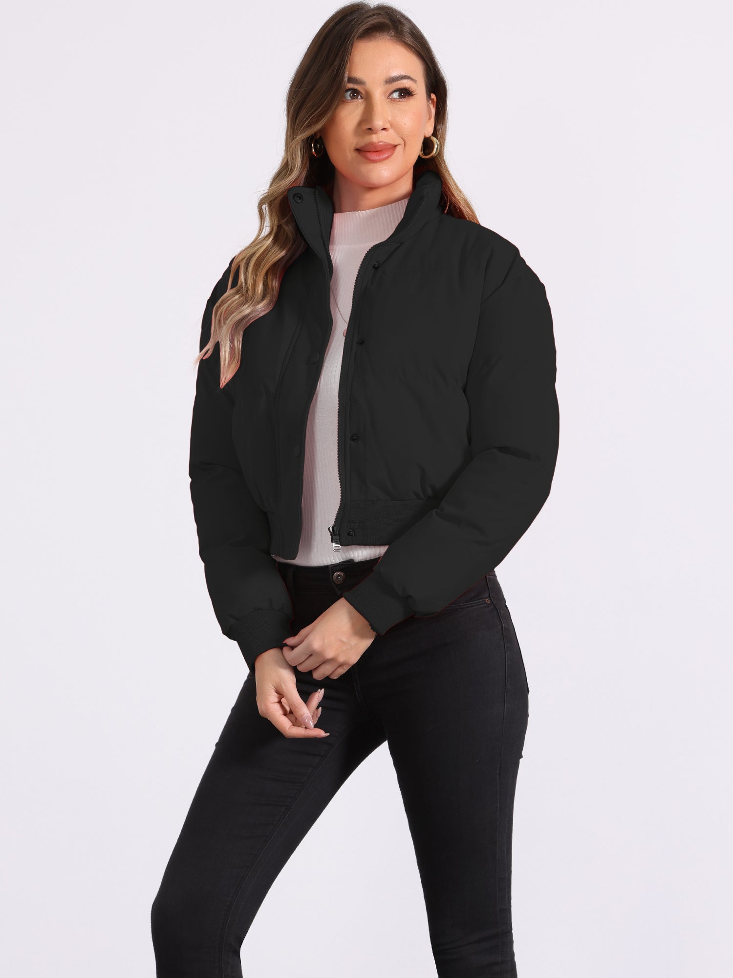 Padded Cropped Bomber Jacket With Stand Collar - view 22