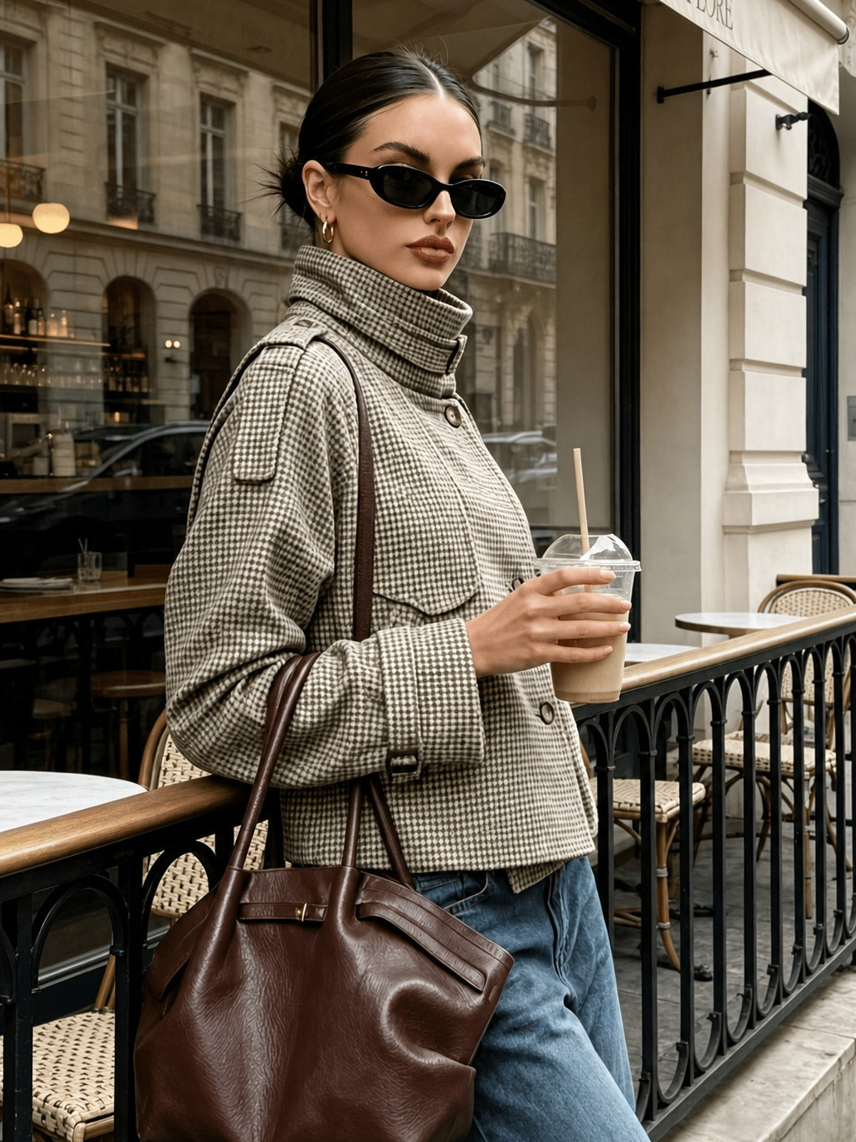 Elegant Houndstooth Cropped Jacket With Stand Collar - 3
