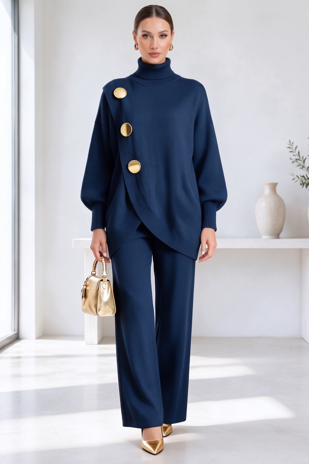 Knit Two-Piece Set With High Neck And Wide Leg Pants - 9