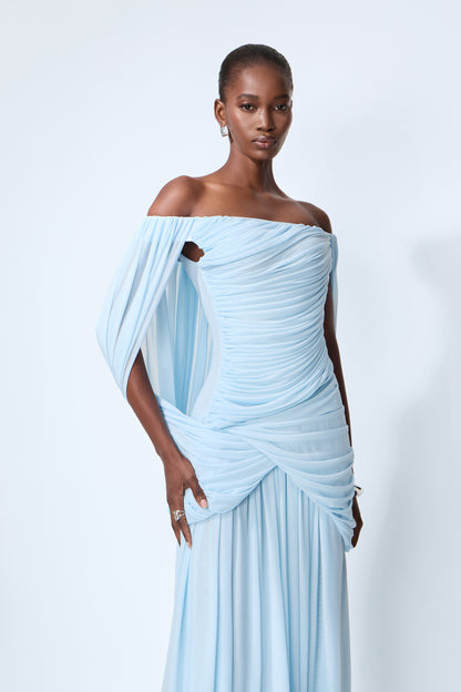 Blue off-shoulder ruched maxi dress with waterfall drape - view 3