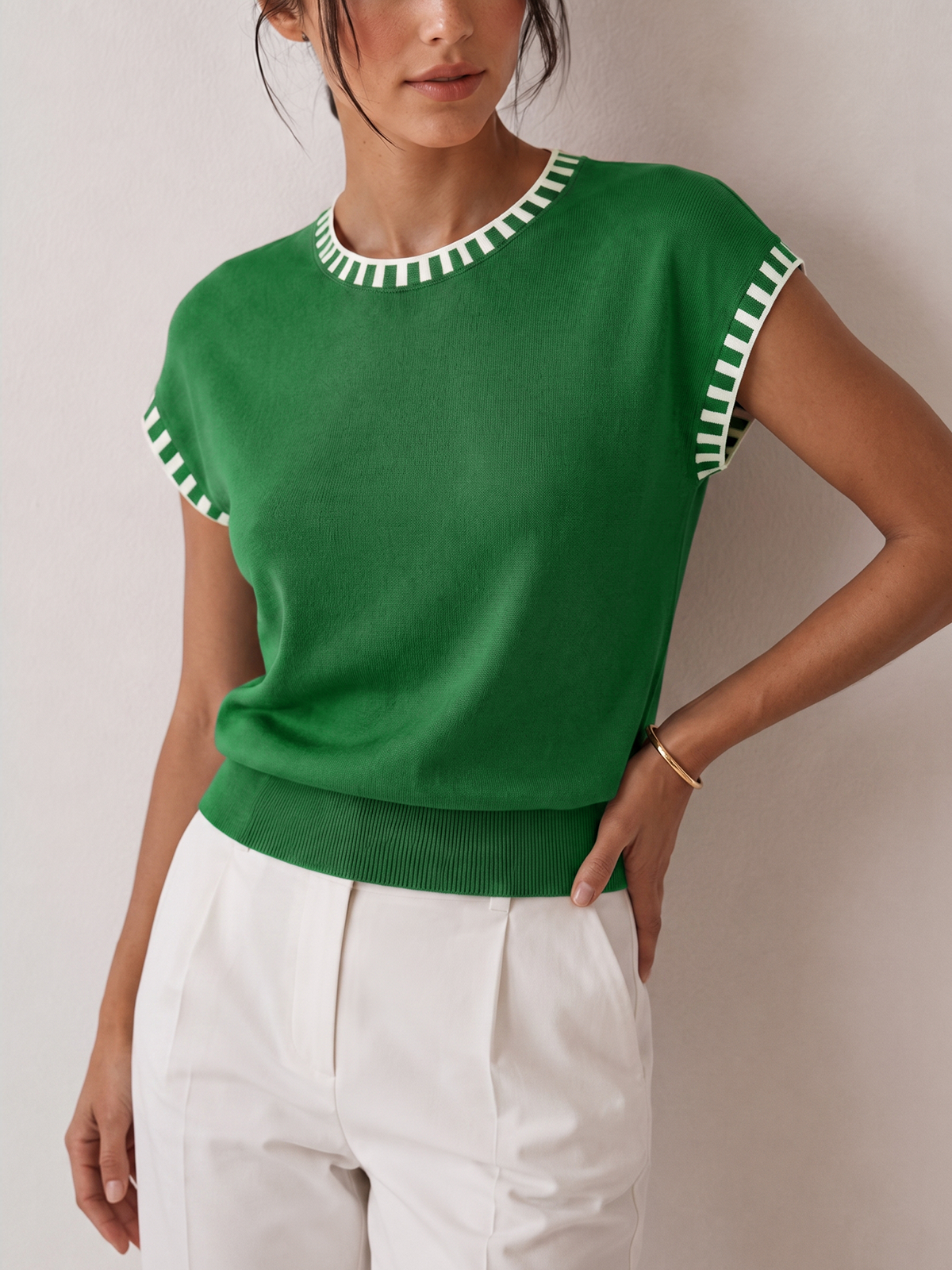 Knit Cap Sleeve Top With Contrast Trim - 8