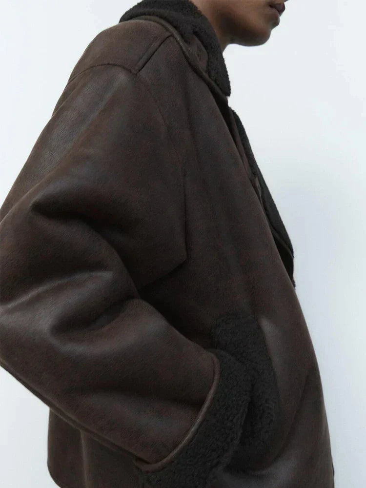 Brown Oversized Collarless Leather Jacket - view 5