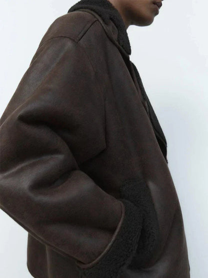 Brown Oversized Collarless Leather Jacket - view 5