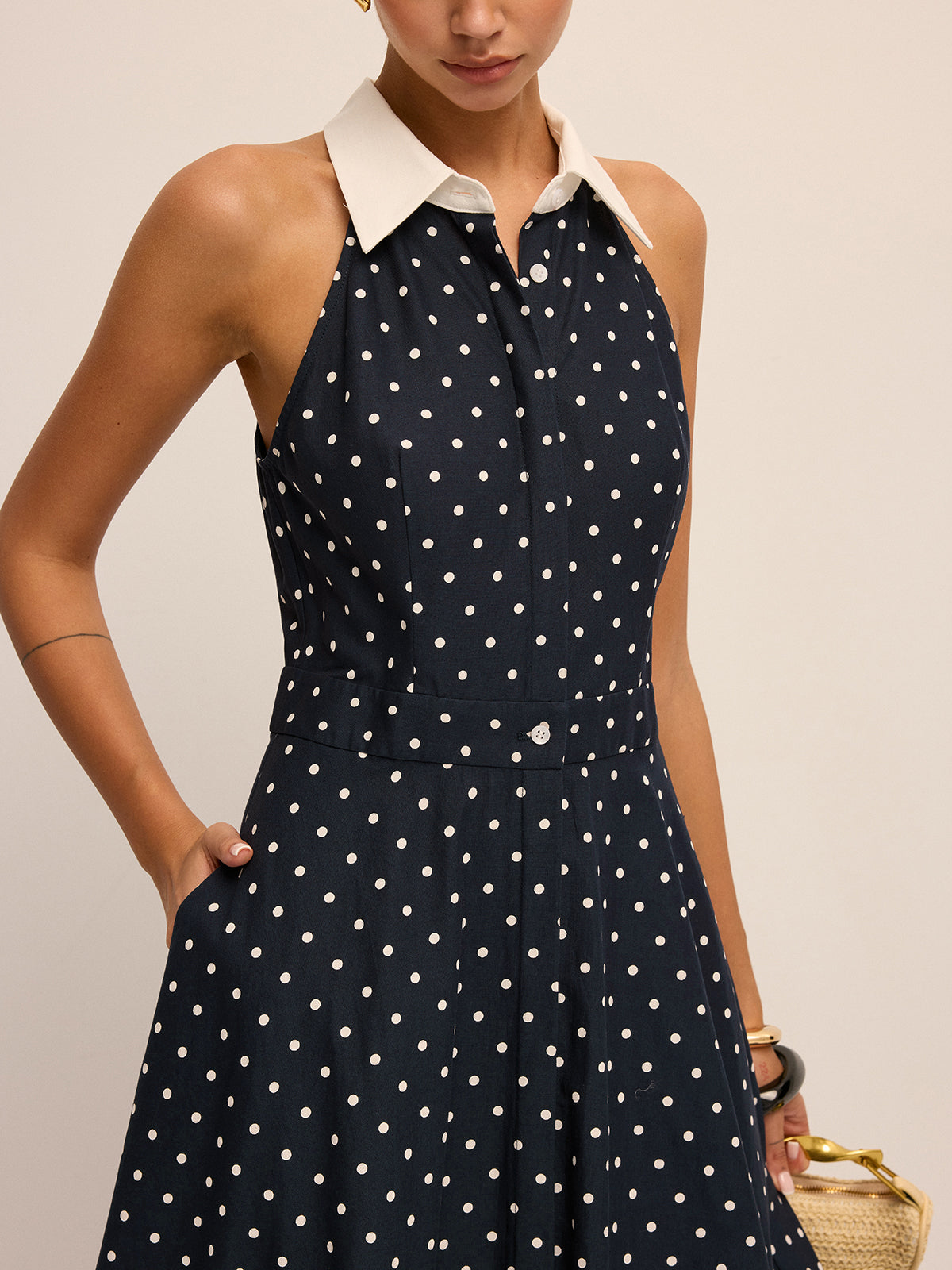 Navy Polka Dot Cotton Linen Maxi Dress - view 3