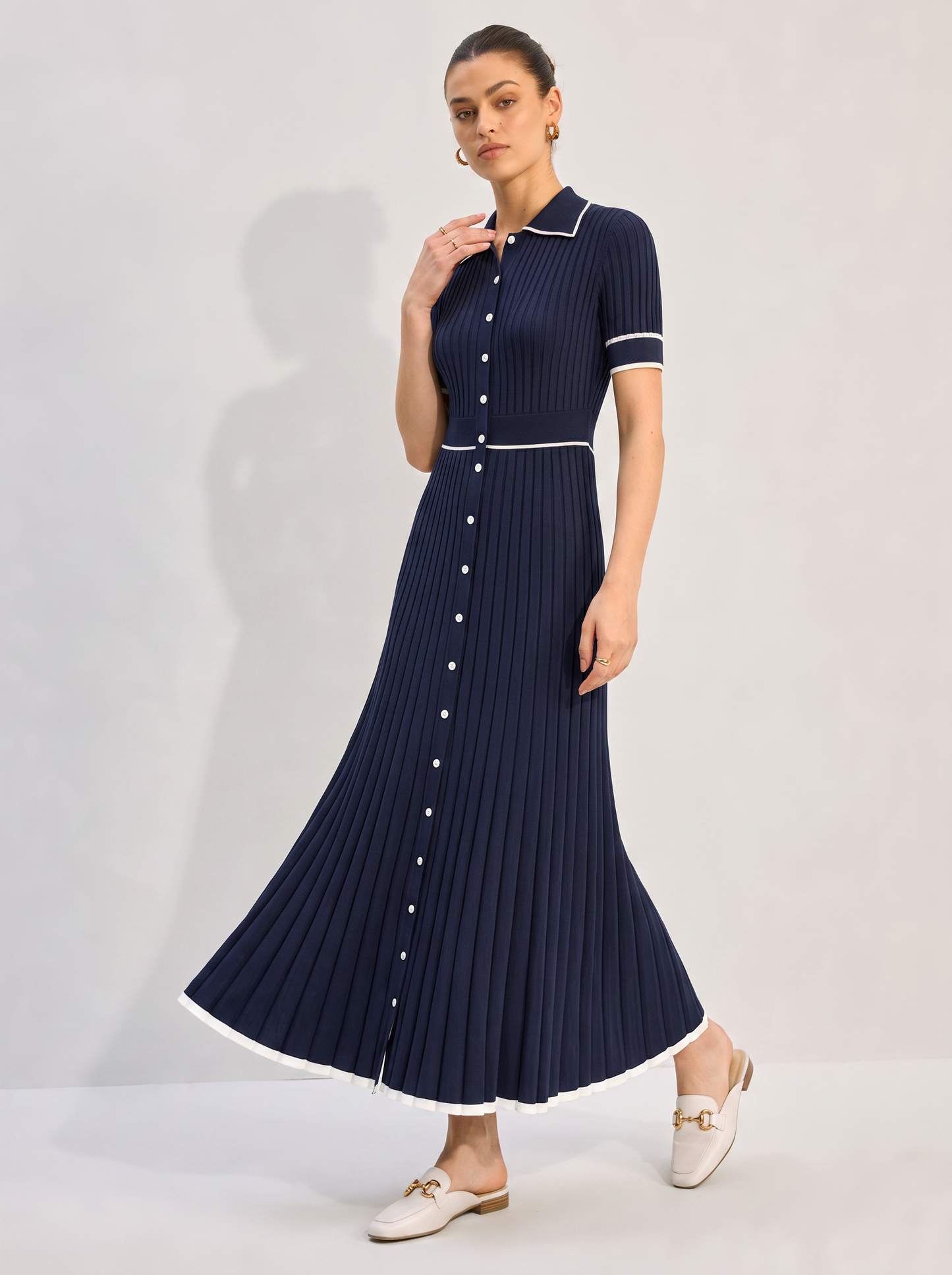 Blue Rib Knit Midi Dress, Contrast Collar - view 2