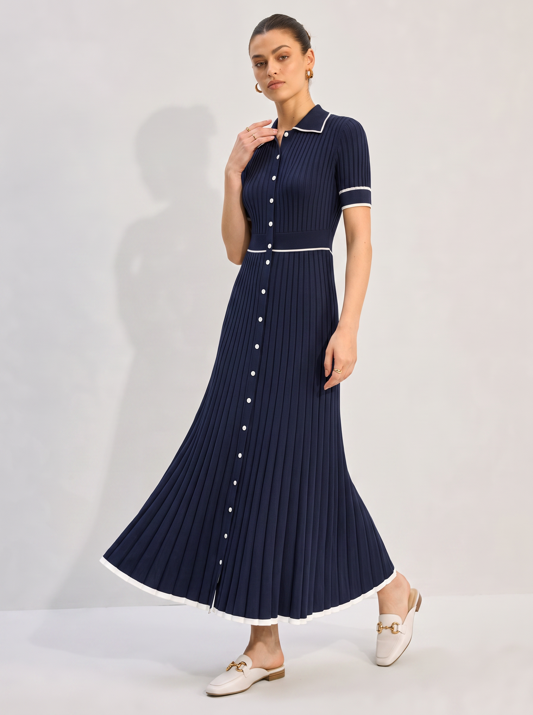 Blue Rib Knit Midi Dress, Contrast Collar - view 2