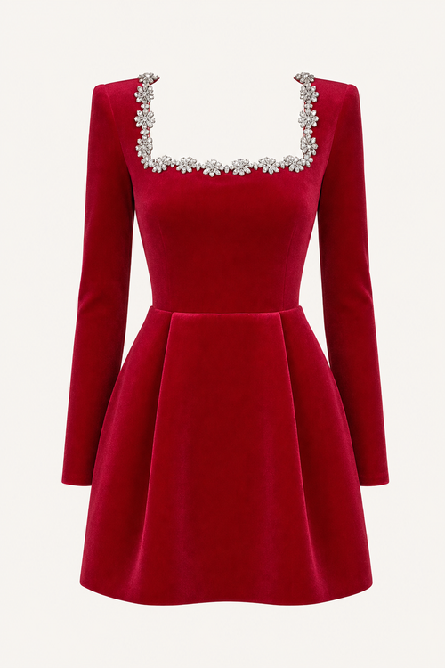 Velvet long sleeve mini dress with jeweled trim