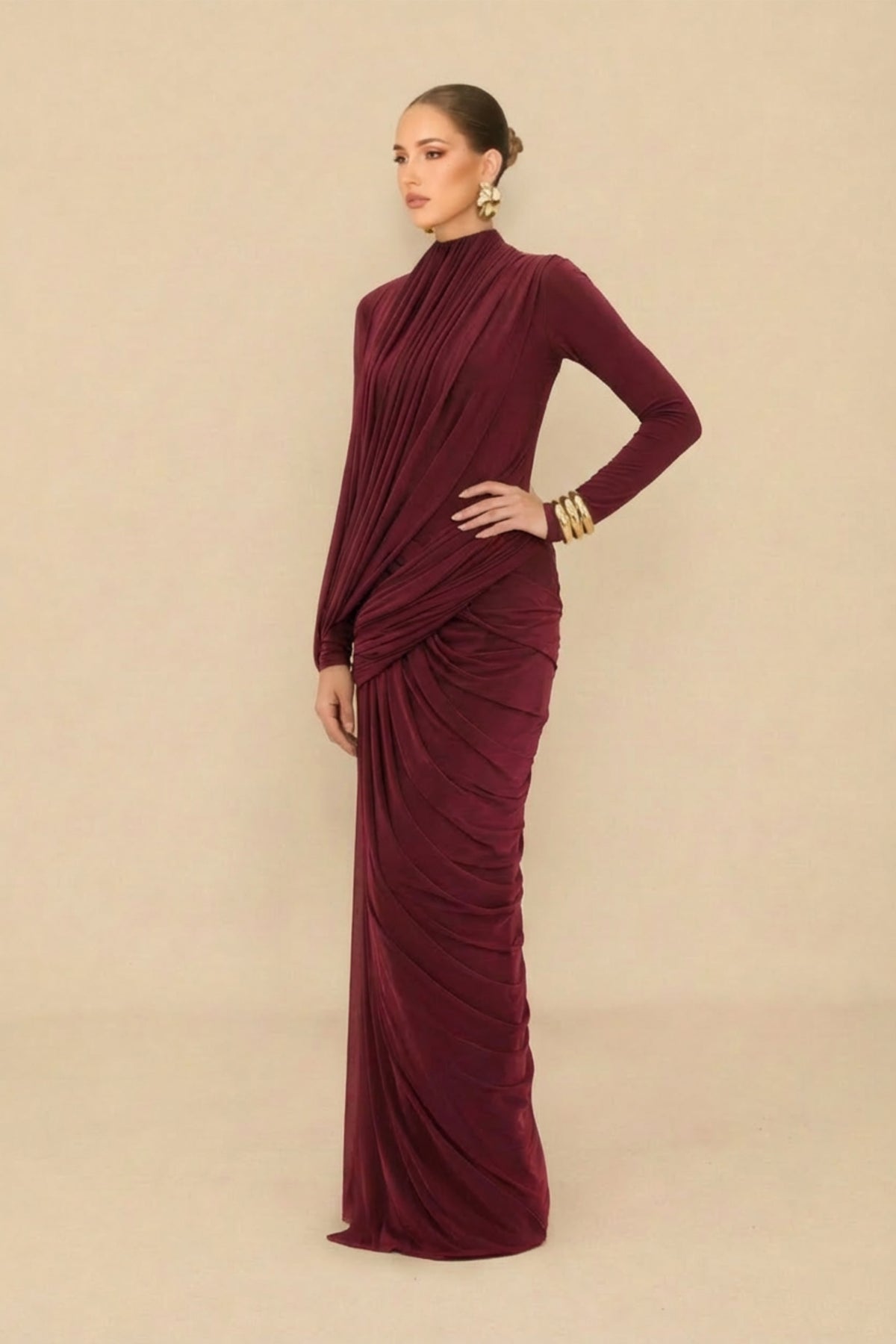 Maxi Dress With High Neck Asymmetric Drape Detail - 6