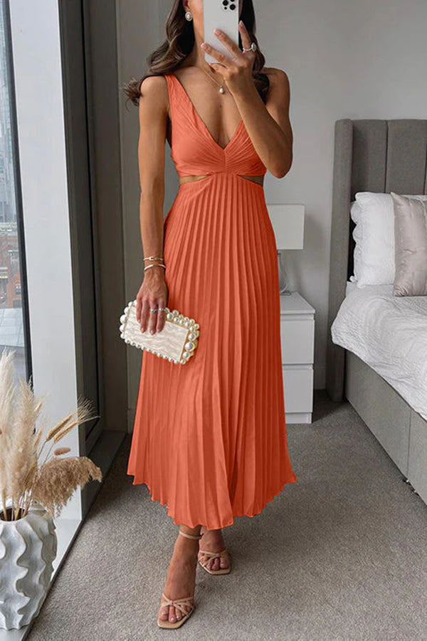 Satin pleated maxi dress with cutout waist - view 7