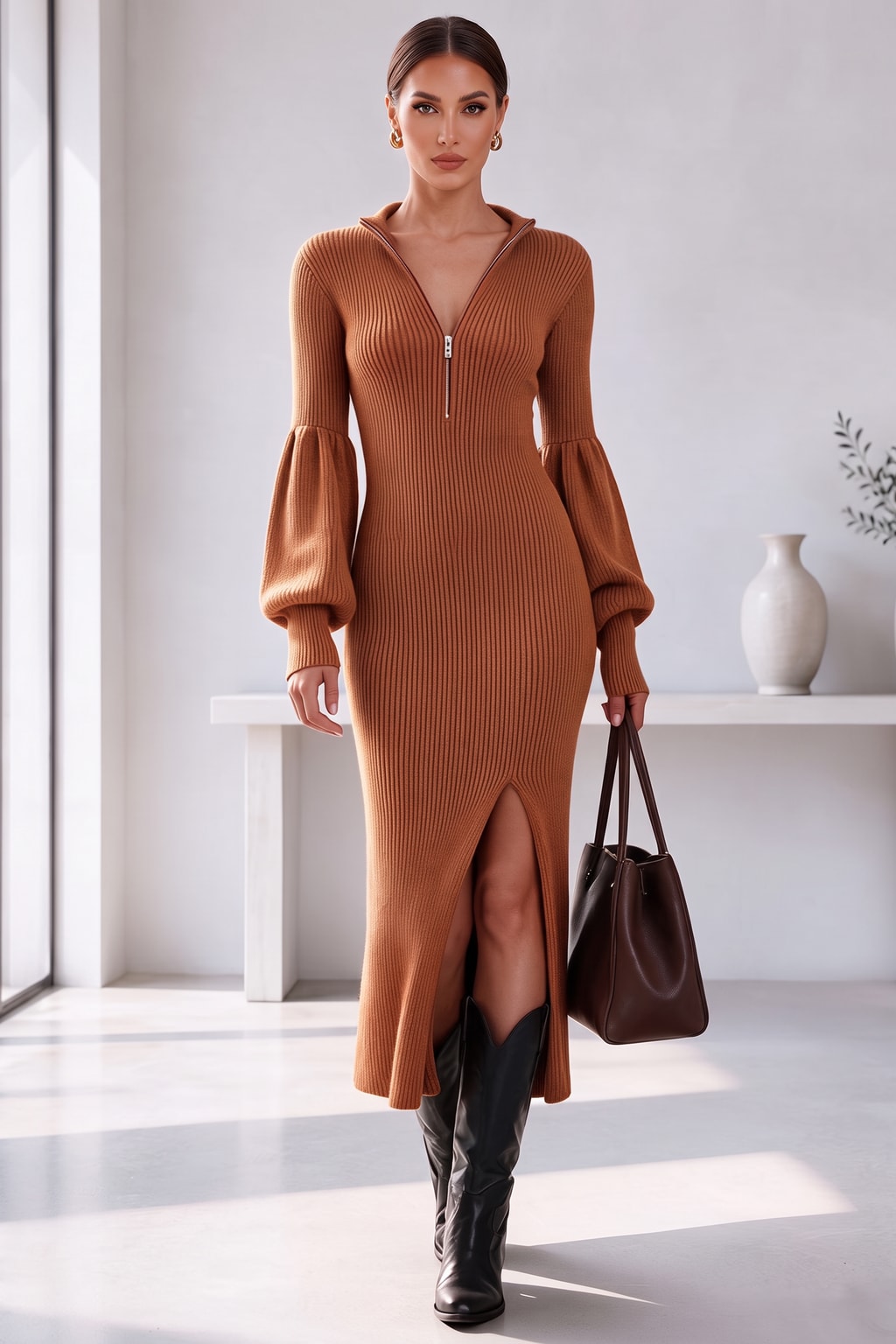 Ribbed Knit Midi Dress With Lantern Sleeves - 2