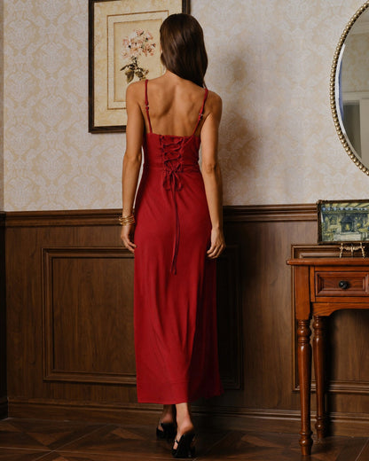 Red cowl neck maxi dress with tie waist - view 3