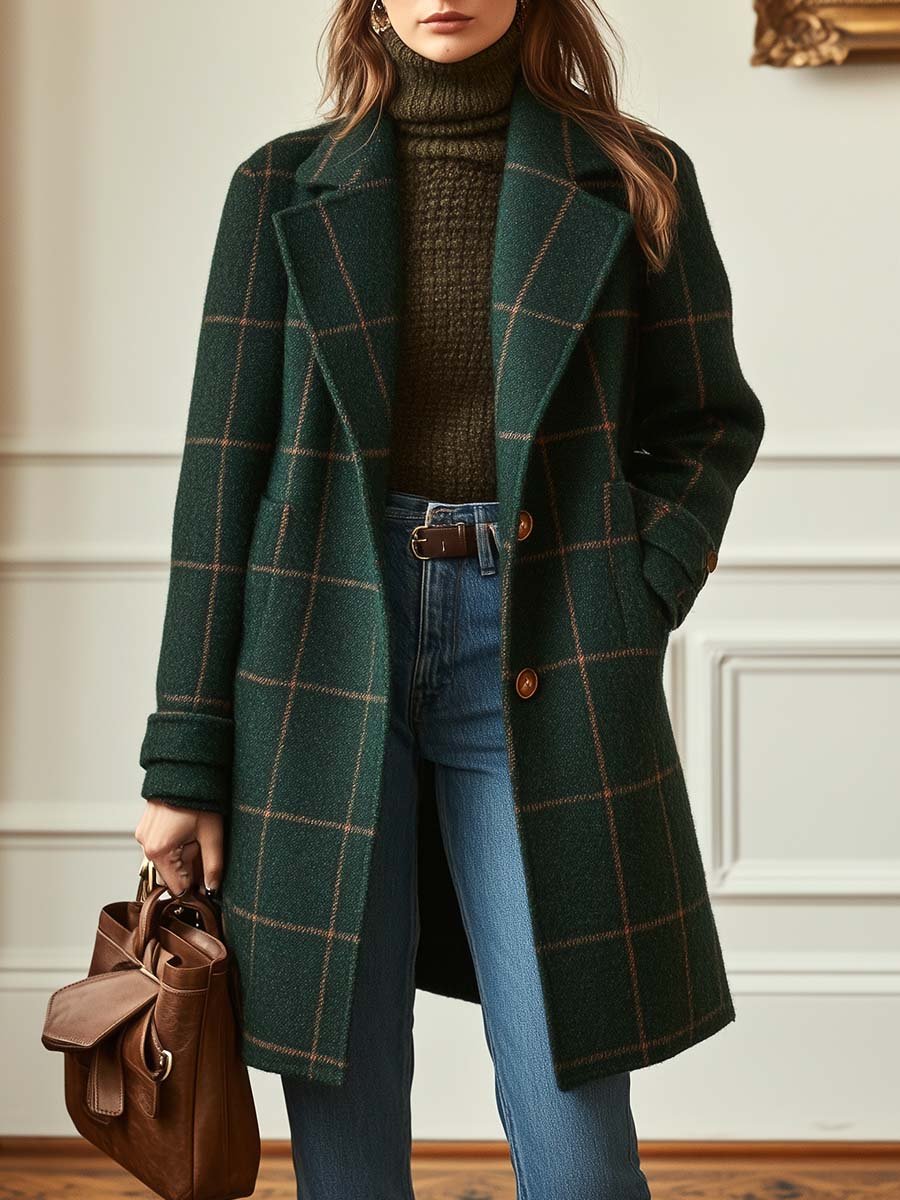 Dark green tweed plaid coat with lapel collar - view 2