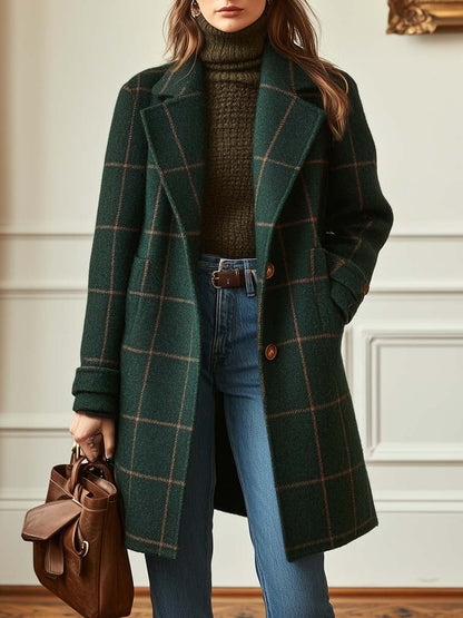 Dark green tweed plaid coat with lapel collar - view 2