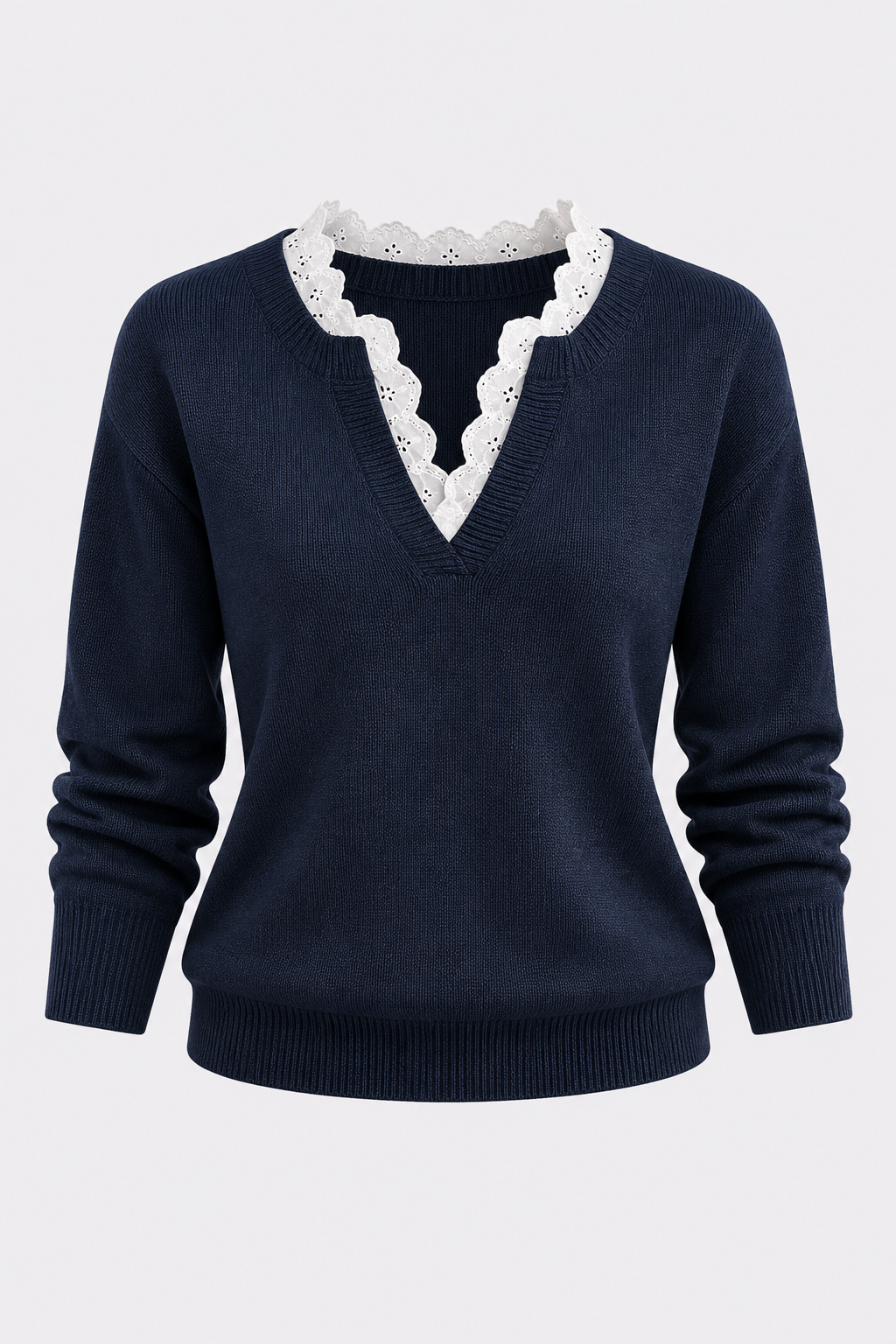 Knit Women's Jumper With Lace V-Neck - 6