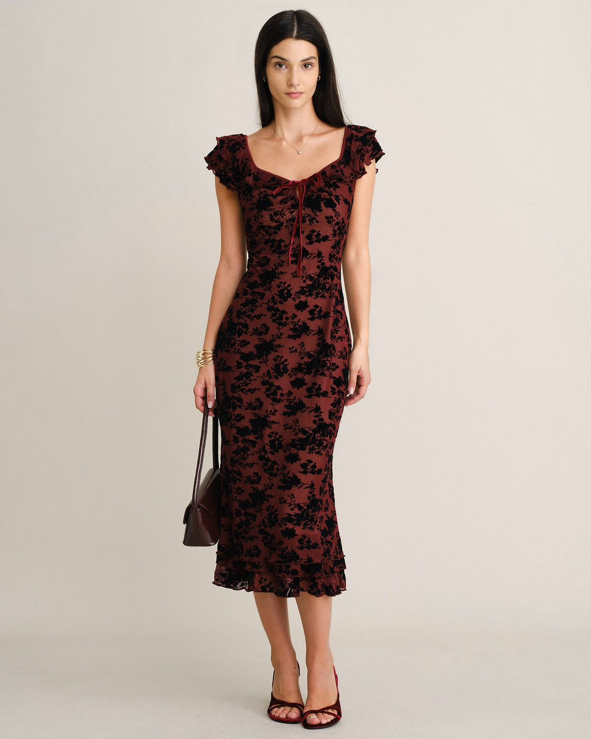 Floral Ruffle Mermaid Midi Dress With Flattering Square Neck - 2