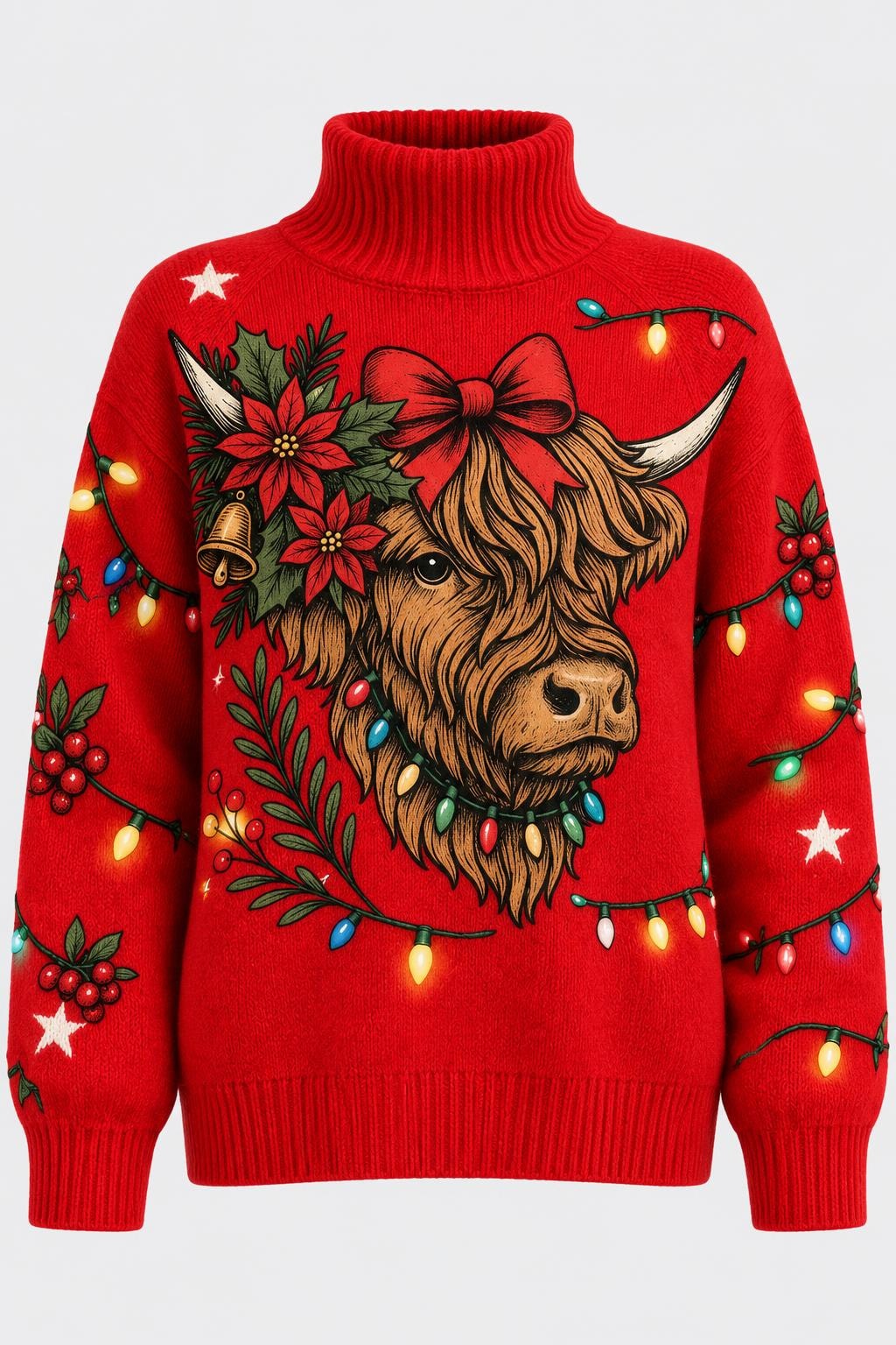 Red Knit Turtleneck Sweater With Festive Cow Graphic - 1