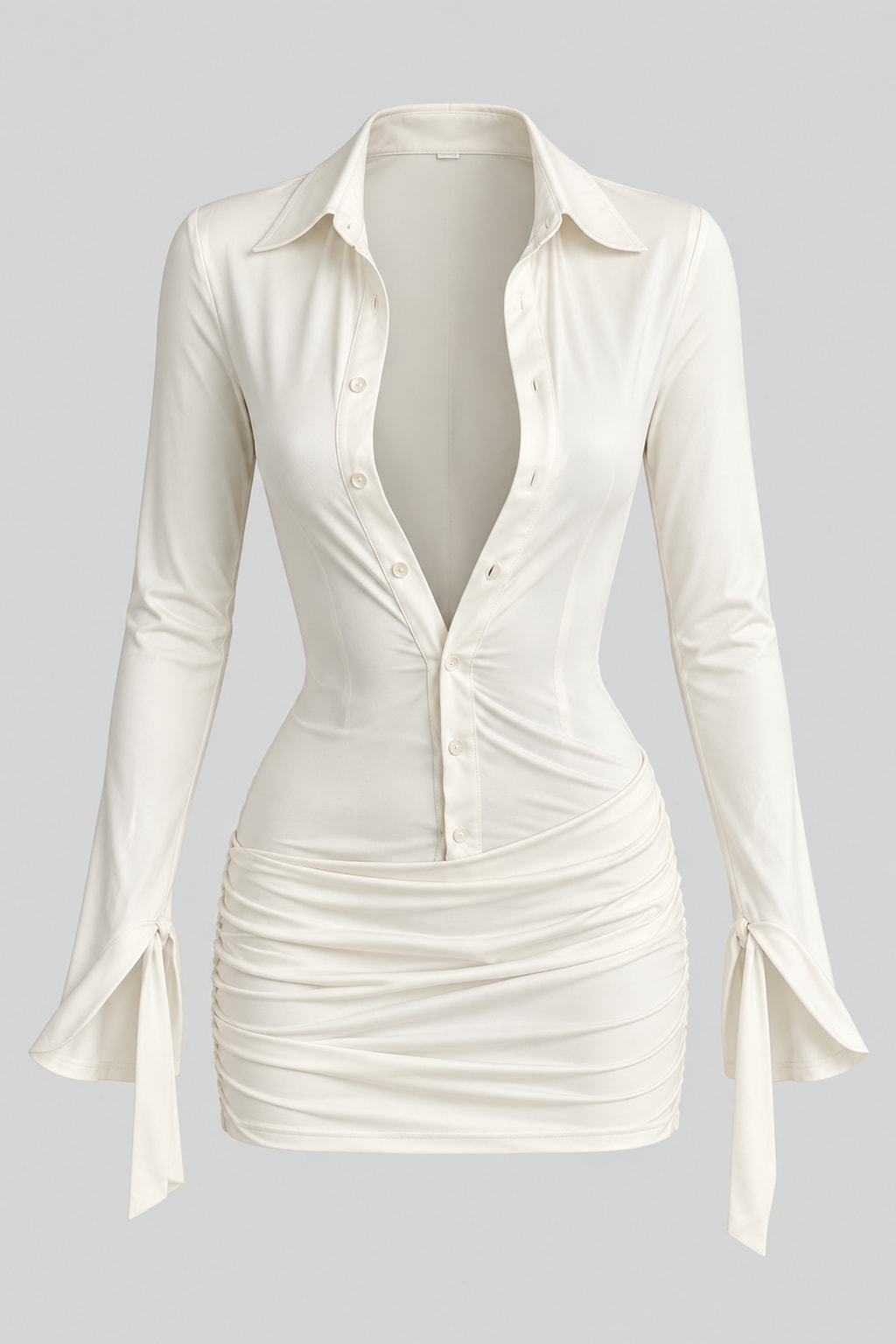 Cream collared mini dress with a full covered-button front, asymmetric ruched skirt and slim tie cuffs