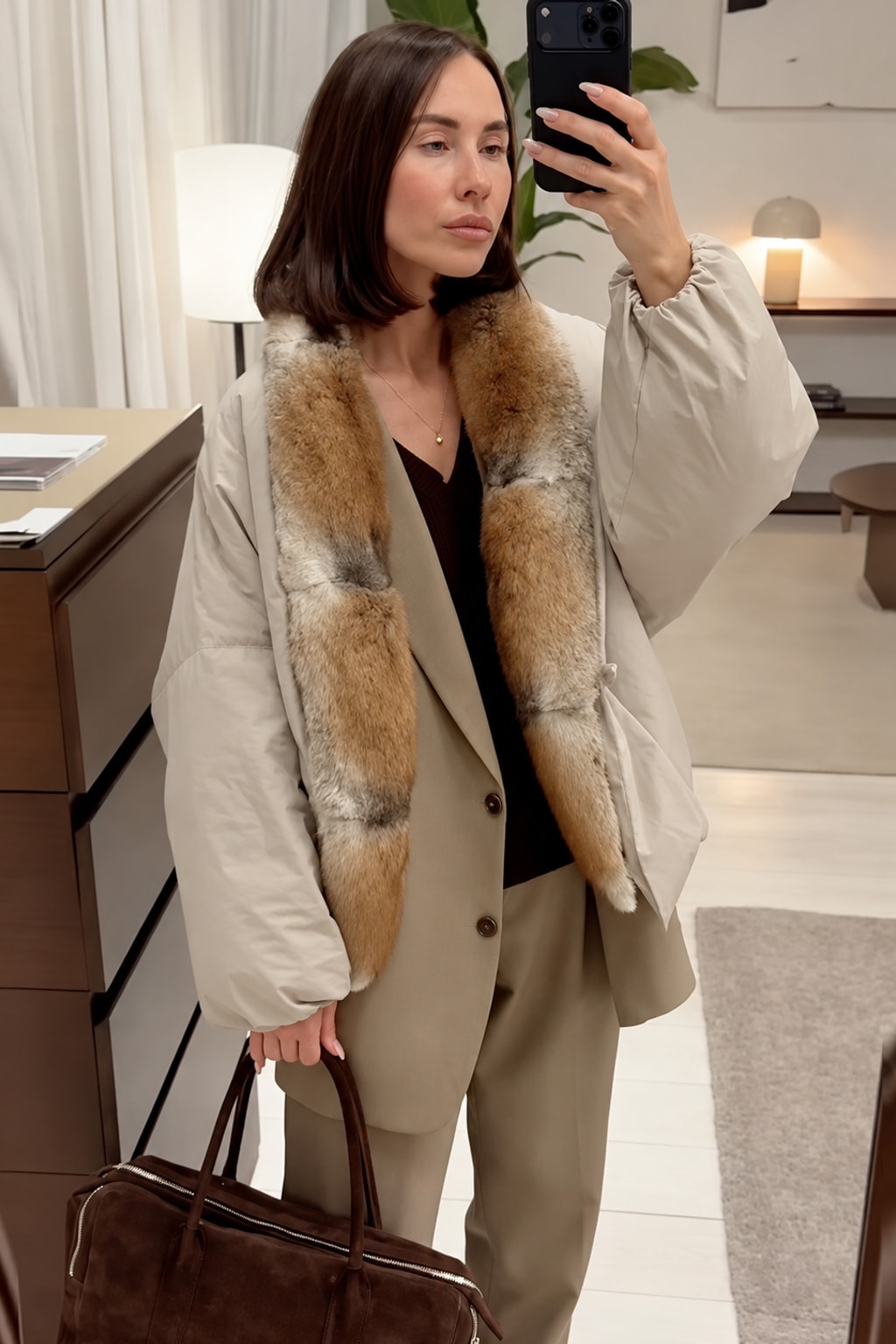 Blended Puffer Jacket Faux Fur Collar Oversized - 5