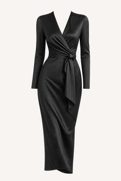 Satin V-neck tie-waist midi dress