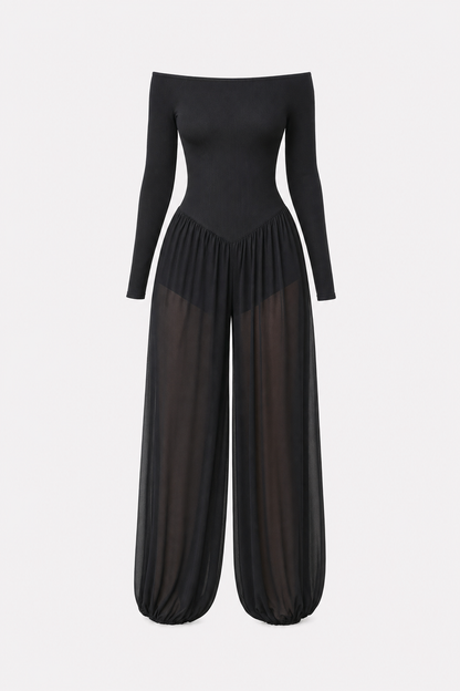 Black Off-Shoulder Jumpsuit with Lantern Legs