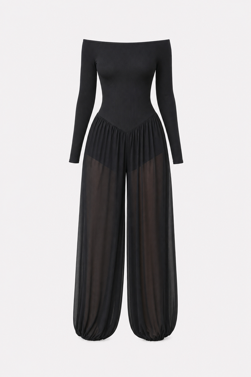 Black Off-Shoulder Jumpsuit with Lantern Legs