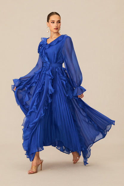 Cobalt Blue Ruffle Trim Maxi Dress with V-Neck - view 5