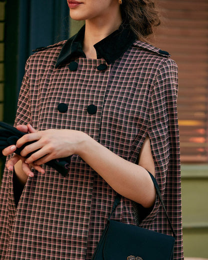 Brown plaid cape coat with double-breasted lapel - view 4