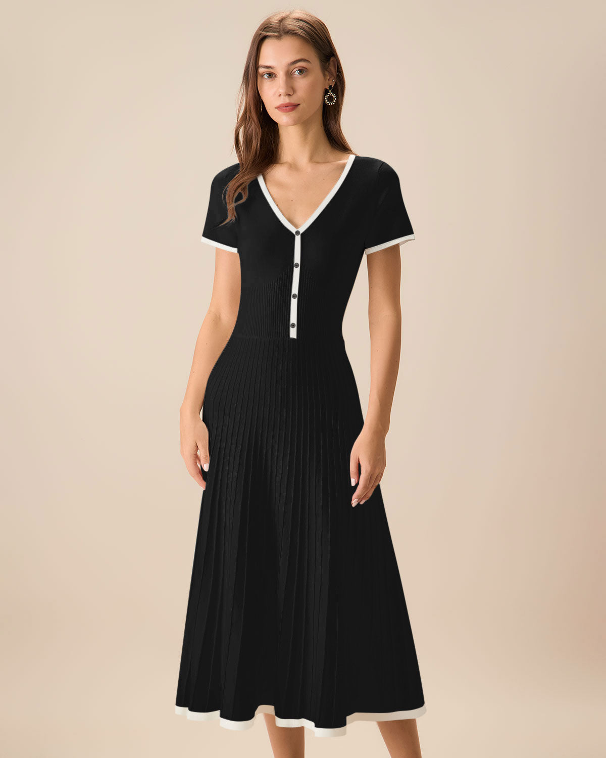 Black Contrast Knit Midi Dress, A-Line - view 2