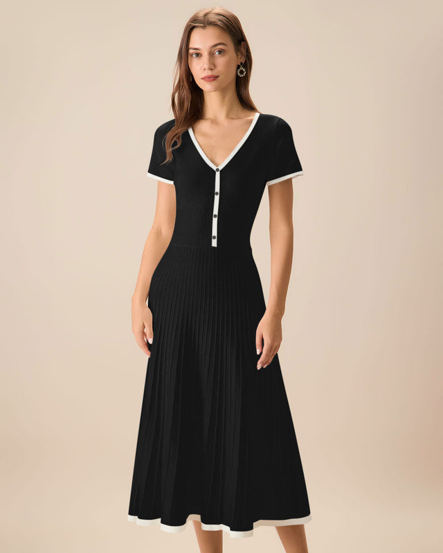 Contrast Knit Sweater Midi Dress With Cozy A-Line Fit - 2