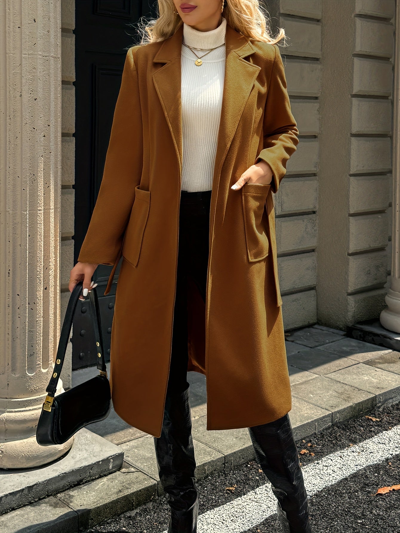 Tailored belted long coat with waist tie - view 12