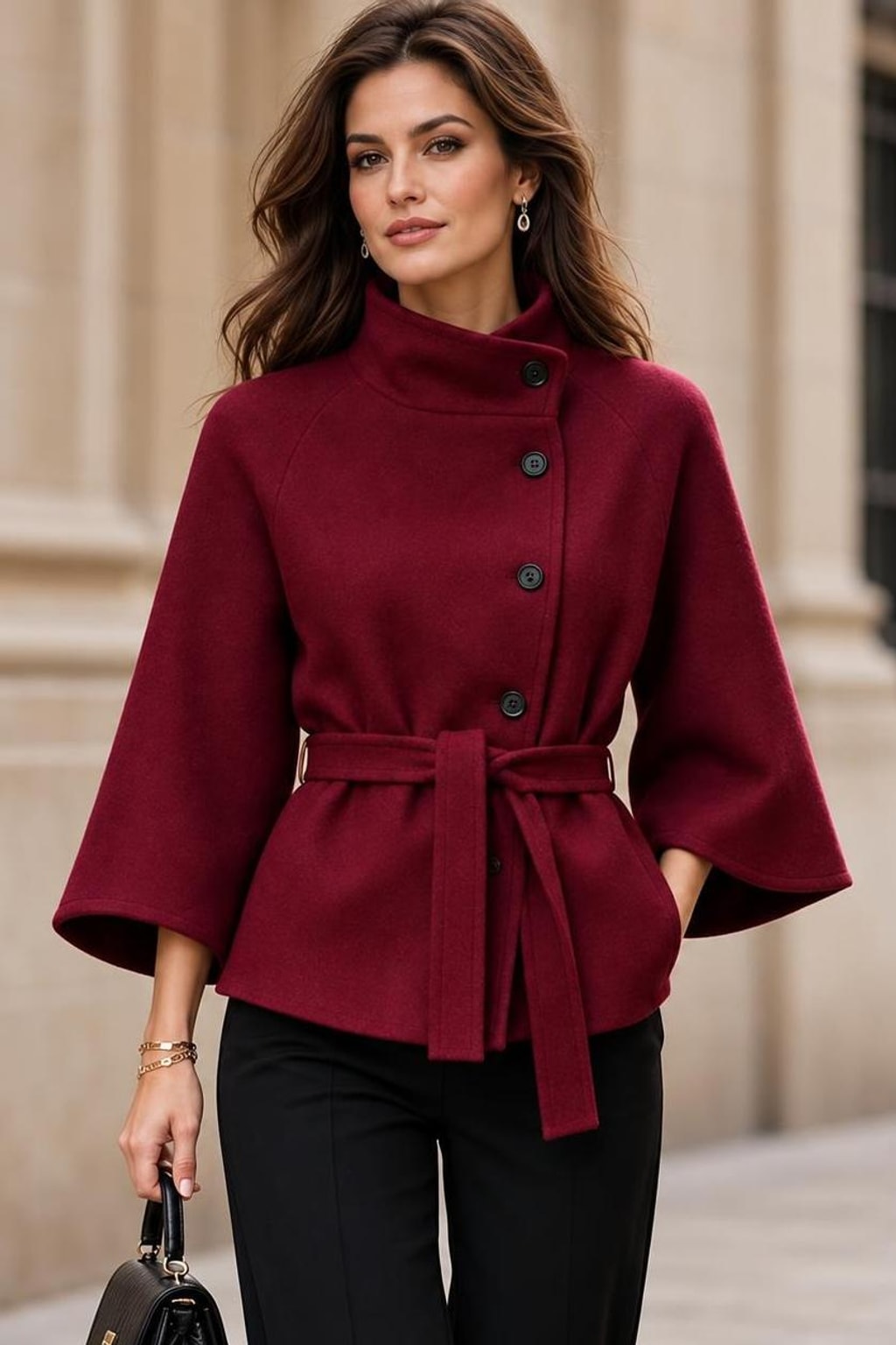 Polyester Tie-Belt Jacket With Stand-Up Collar - 5