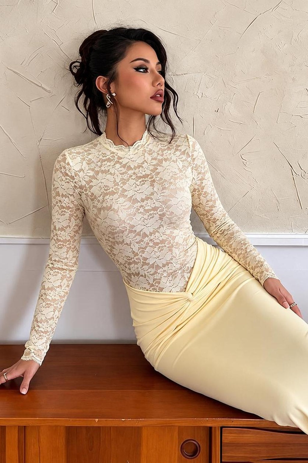 Synthetic Fiber Evening Dress With Lace Sleeves - 5