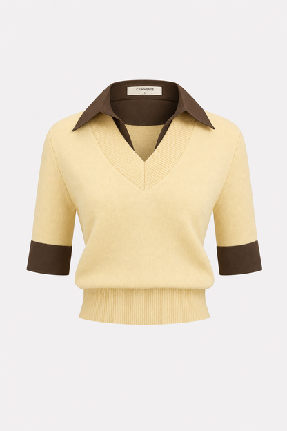 Contrast Collar Knit Top, Elbow Sleeves - view 7