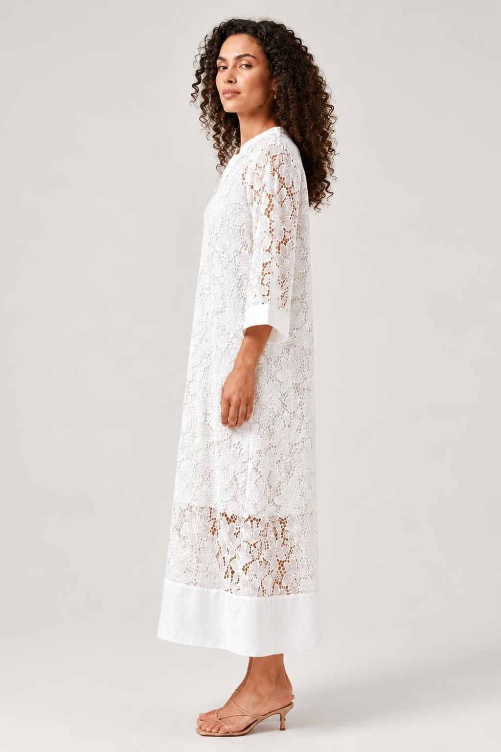 White Lace Midi Dress With Sheer Hem Panel - 3