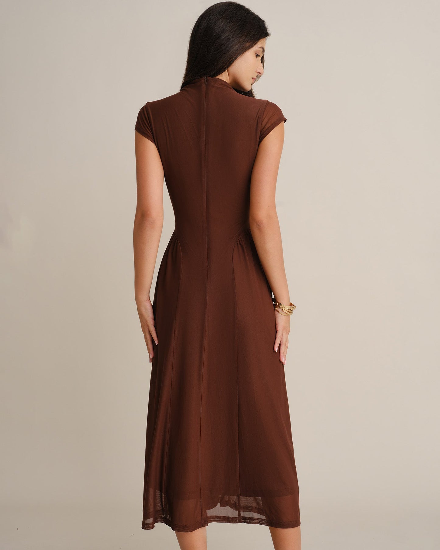 Mock Neck Mesh Midi Dress With Ruched Waist - view 3