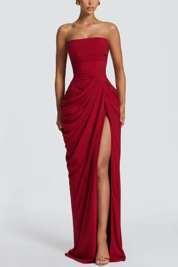 Strapless Chiffon Maxi Dress with Side Slit - view 7