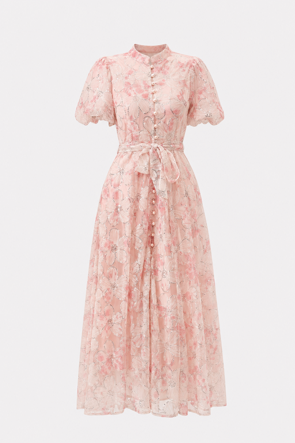 Pink Floral Sequin Puff Sleeve Maxi Dress