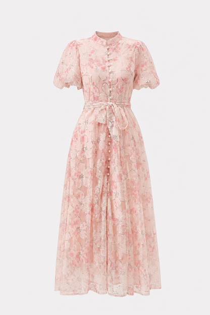 Pink Floral Sequin Puff Sleeve Maxi Dress
