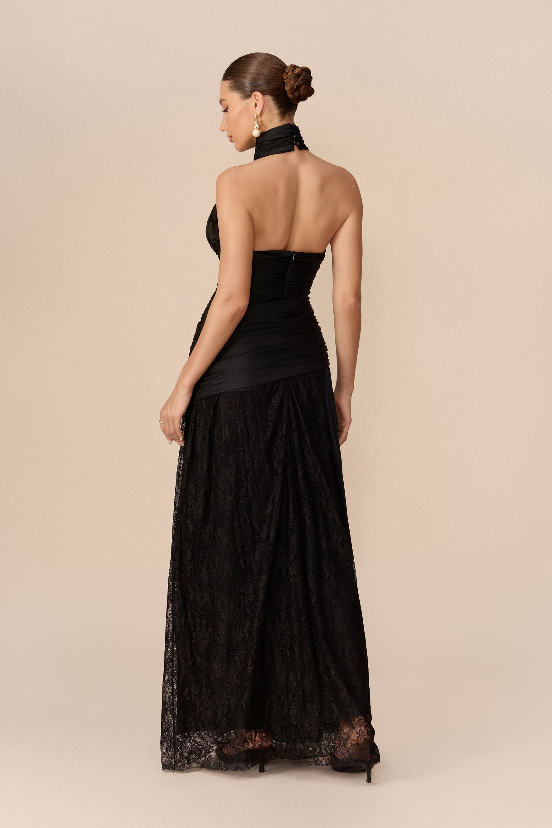 Black ruched deep V-neck maxi dress - view 4