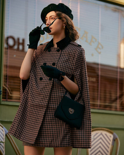 Brown plaid cape coat with double-breasted lapel - view 3