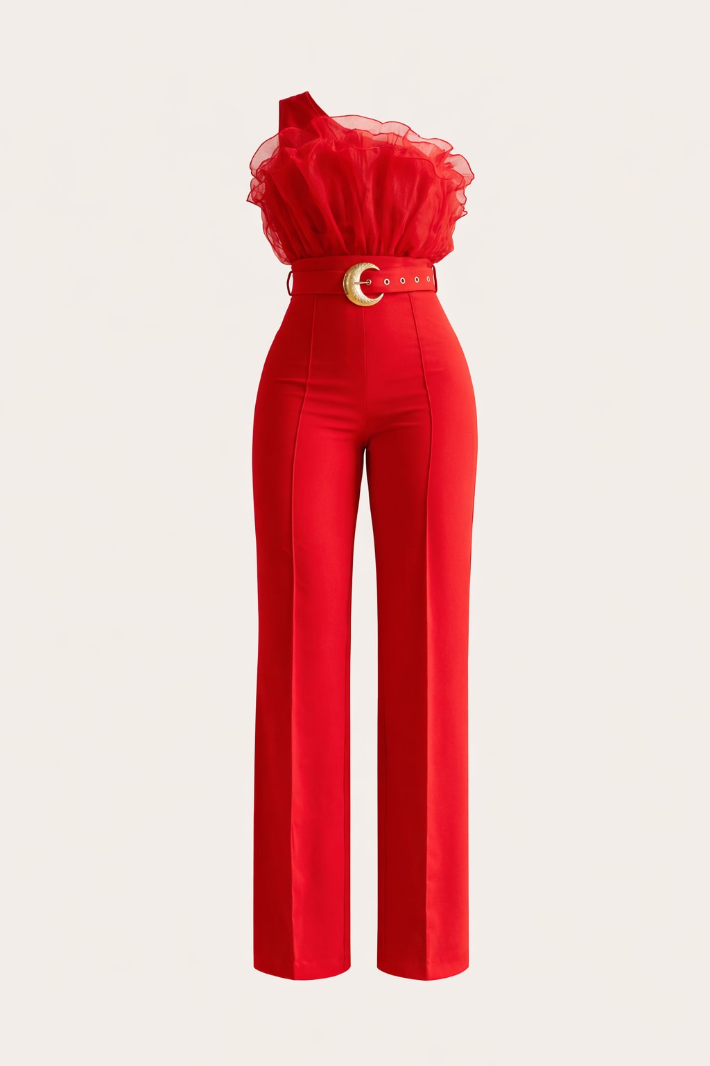 Poly-Spandex Organza One-Shoulder Jumpsuit With Belt - 1
