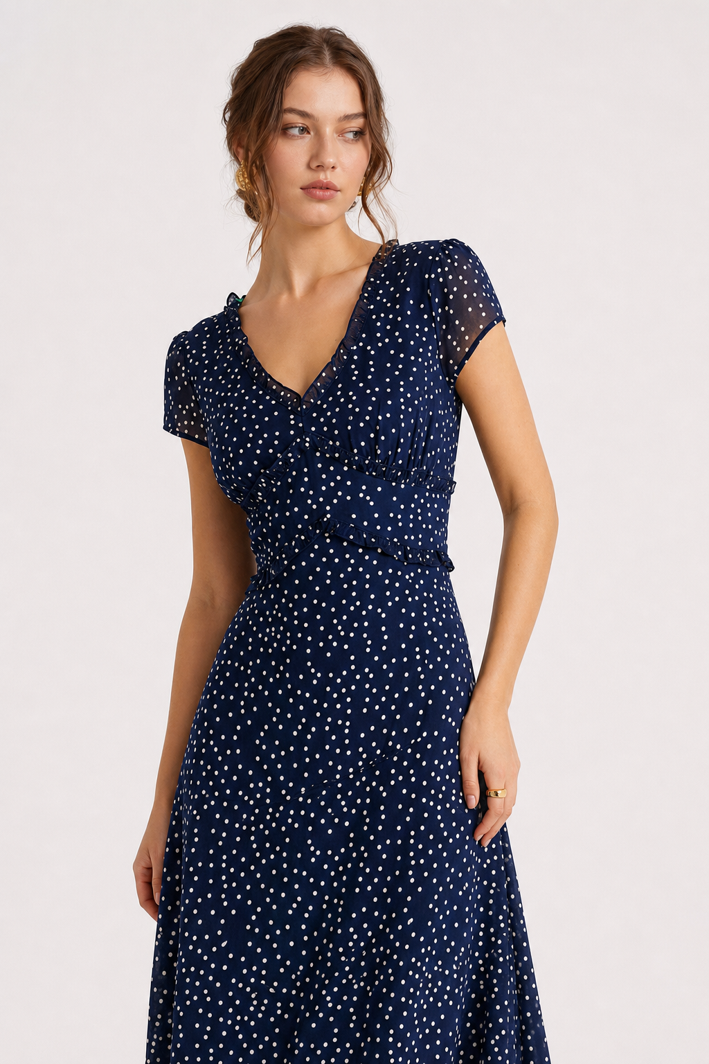 Navy Polka Dot Wrap Midi Dress - view 2