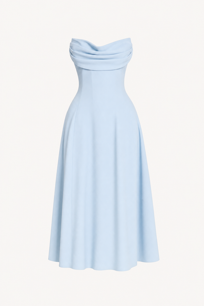 Strapless Lace-Up Pleated Midi Dress